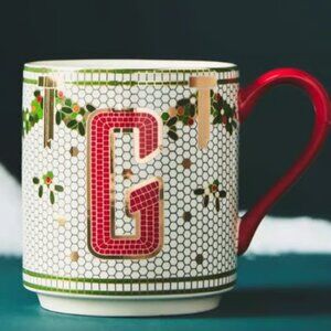 Anthropologie Festive Bistro Tile Stoneware Monogram Mug Letter "G" New